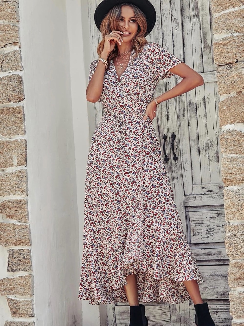 Floral Wrap Maxi Dress Slit - Cream/Red/Blue/ touch of light pink and green - Picture 2 of 9